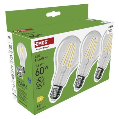 Żarówka LED Filament A60 / E27 / 5,9 W (60 W) / 806 lm / Neutralna biel