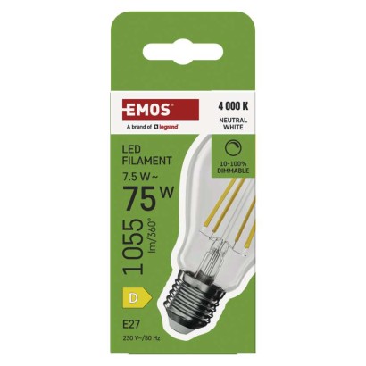 Żarówka LED Filament A60/ E27 / 7,5 W (75 W) / 1 055 lm /neutralna biel / ściemnialna