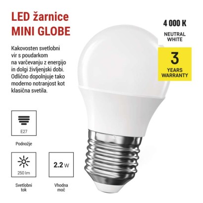 LED žarnica CLS Mini Globe / E27 / 2,2 W (25 W) / 250 lm / nevtralno bela