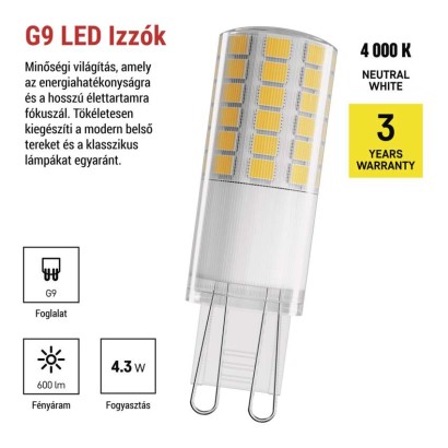 LED izzó Classic JC / G9 / 4,3 W (48 W) / 600 lm / Természetes fehér