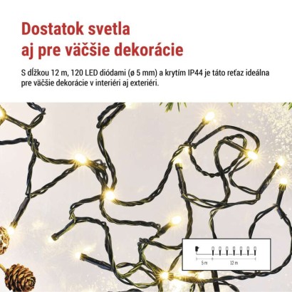 LED vianočná reťaz, 12 m, vonkajšia aj vnútorná, teplá biela, programy, časovač