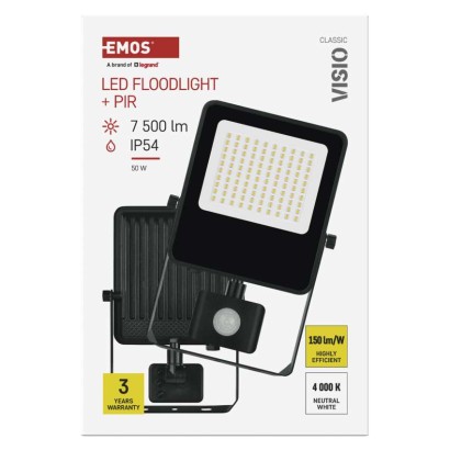 LED prožektorius VISIO su judesio jutikliu, 50 W, juodas, neutraliai baltas