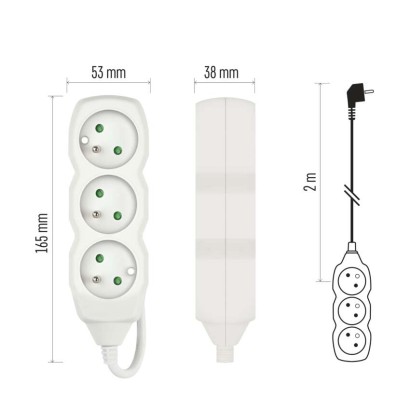Przedłużacz 2 m / 3 gniazda / biały / PVC / 1 mm2