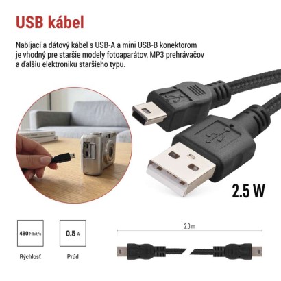 Nabíjací a dátový kábel USB-A 2.0 / mini USB-B 2.0, 2 m, čierny