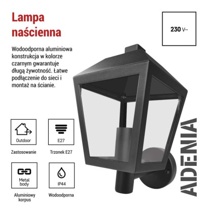 Lampa naścienna Garden ADENIA 28cm, na żarówkę E27 max 15W, IP44
