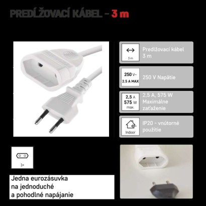 Dvojžilový pohyblivý prívod 3 m / 1 zásuvka / biely / PVC / 0,75 mm2