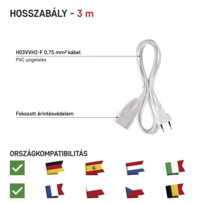 Hosszabbító 3 m / 1 aljzat / fehér / PVC / 0,75 mm2