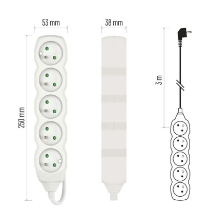 Predlžovací kábel 3 m / 5 zásuviek / biely / PVC / 1,5 mm2