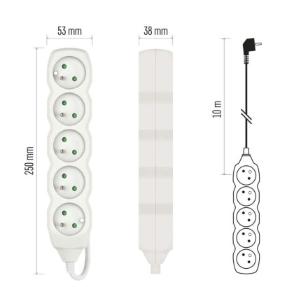 Przedłużacz 10 m / 5 gniazd / biały / PVC / 1 mm2