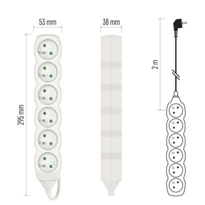 Przedłużacz 2 m / 6 gniazd / biały / PVC / 1 mm2