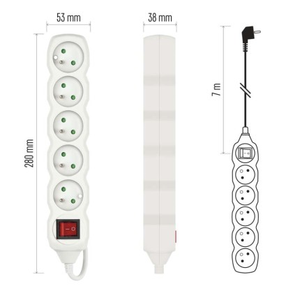 Przedłużacz 7 m / 5 gniazd / z wyłącznikiem / biały / PVC / 1,5 mm2
