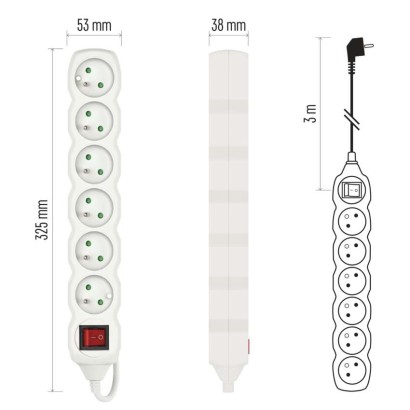 Predlžovací kábel 3 m / 6 zásuviek / s vypínačom / biely / PVC / 1,5 mm2