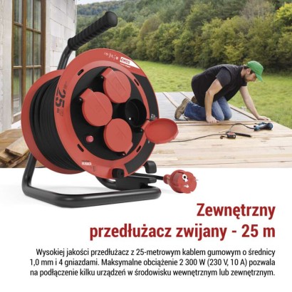Przedłużacz zwijany ogrodowy 25 m / 4 gniazda / guma / 230 V / 1,0 mm2 / IP44
