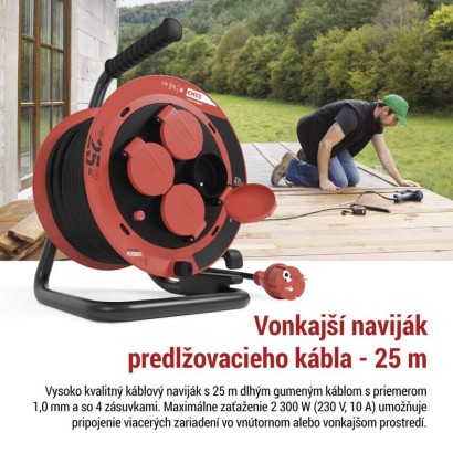 Vonkajší predlžovací kábel na bubne 25 m / 4 zásuvky / guma / 230 V / 1,0 mm2 / IP44