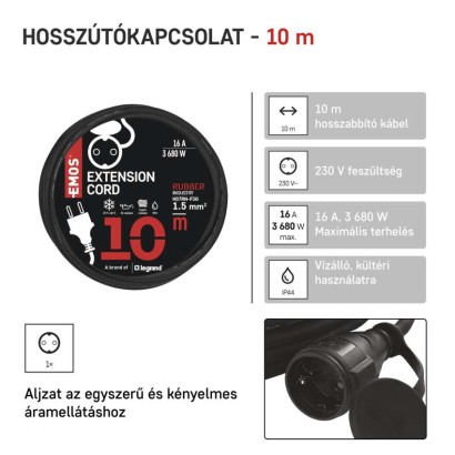 Hosszabbító 10 m / 1 aljzat / fekete / gumi-neoprén / 250 V / 2,5 mm2