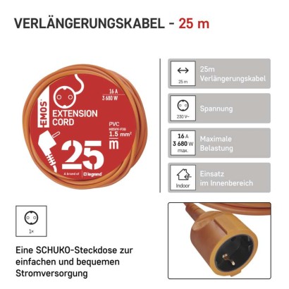 Verlängerungskabel 25 m / 1 Steckdose / orange / PVC / 250 V / 1,5 mm2