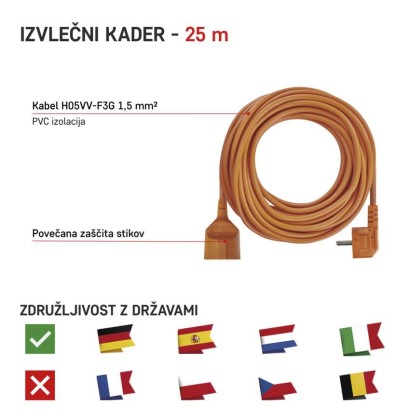 Podaljšek 25 m / 1 vtičnica / oranžni / PVC / 250 V / 1,5 mm2