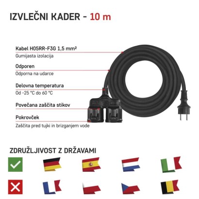 Zunanji podaljšek 10 m / 2 vtičnici / črni / guma / 250 V / 1,5 mm2
