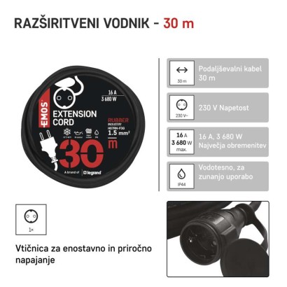Zunanji podaljšek 30 m / 1 vtičnica / črni / guma-neopren / 250 V / 1,5 mm2