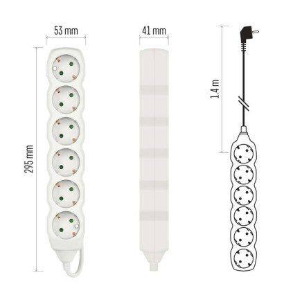 Podaljšek 1,4 m  /  6 vtičnic  /  beli  /  PVC  /  1 mm2