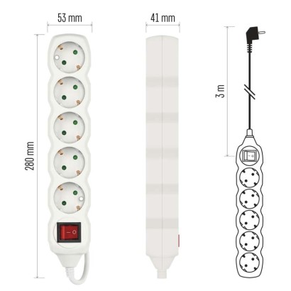 Ilgintuvas 3 m / 5 lizdai / su jungikliu / baltas / PVC / 1,5 mm2 