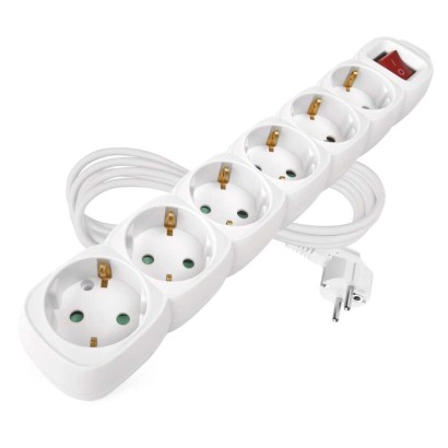 Pikendusjuhe 2 m / 6 Pistikupesa / koos lülitiga / valge / PVC / 1 mm2
