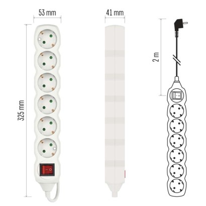 Pikendusjuhe 2 m / 6 Pistikupesa / koos lülitiga / valge / PVC / 1 mm2
