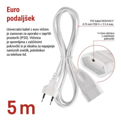 Podaljšek 5 m / 1 vtičnica / beli / PVC / 0,75 mm2