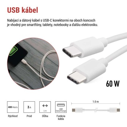 Nabíjací a dátový kábel USB-C 2.0 / USB-C 2.0, 1 m, biely