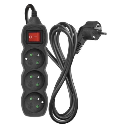 Prodlužovací kabel 2 m / 3 zásuvky / s vypínačem / černý / PVC / 1 mm2