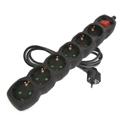 Pagarinātājs, 1,5 m / 6 kontaktligzdas / ar slēdzi / melns / PVH / 1,5 mm2