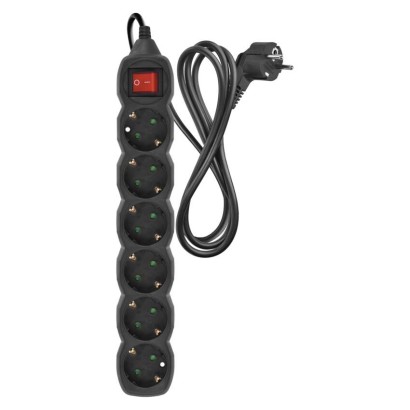 Pagarinātājs, 1,5 m / 6 kontaktligzdas / ar slēdzi / melns / PVH / 1,5 mm2