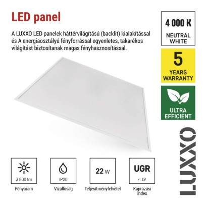 LED panel LUXXO 60 × 60 cm / 32 mm, 22 W, 3800 lm, sülly., semleges fehér, UGR<19, IP21