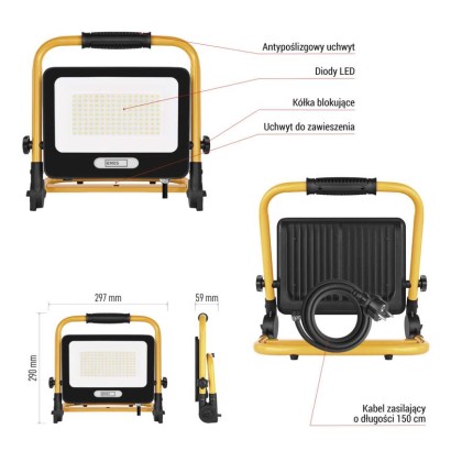 Naświetlacz LED GLARO 100 W, żółto-czarny, IP65, 10 000 lm, neutralna biel