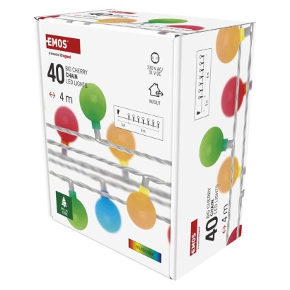 Dekoracje - 40 LED big cherry 4m IP44 multikolor, biały przewód, IP44, timer