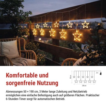 LED-Weihnachtsgirlande – Sterne, 190 x 50 cm, für den Außen- und Innenbereich, warmweiß