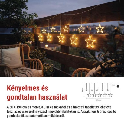 LED karácsonyi függöny – csillagok, 190x50 cm, kültéri és beltéri használatra, meleg fehér