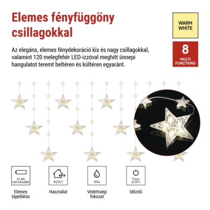 LED karácsonyi függöny – csillagok, 170x85 cm, 3x AA elem, IP44, meleg fehér, időzítő