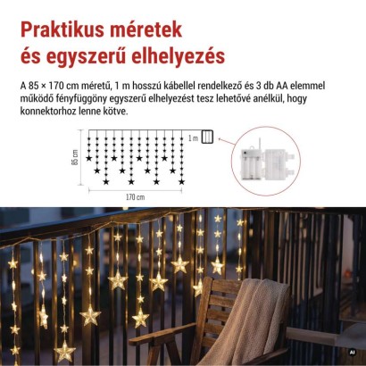 LED karácsonyi függöny – csillagok, 170x85 cm, 3x AA elem, IP44, meleg fehér, időzítő
