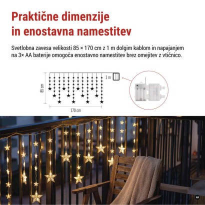 LED božična girlanda – zvezde, 1,7 m, 3x AA, za notranjo uporabo, topla bela, časovnik