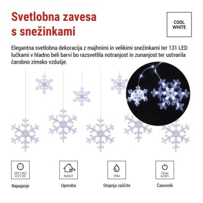 LED božična girlanda – snežinke, 160 x 95 cm,  IP44, hladna bela, časovnik
