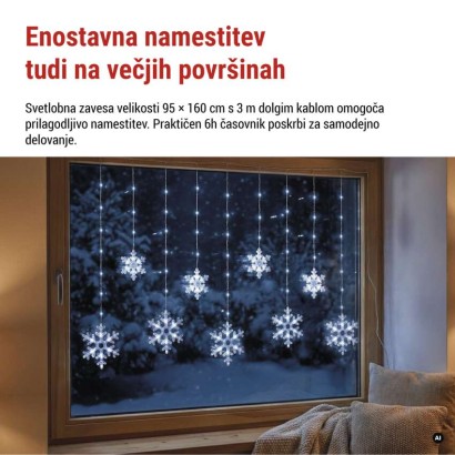 LED božična girlanda – snežinke, 160 x 95 cm,  IP44, hladna bela, časovnik