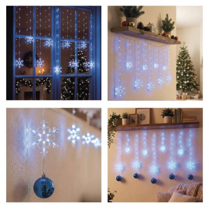 LED Kalėdų girlianda – snaigės, 160x95 cm, IP44, šalta balta, laikmati