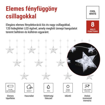 LED karácsonyi függöny – csillagok, 170x85 cm, 3x AA elem, IP44, hideg fehér, időzítő
