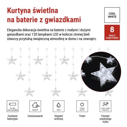 Świąteczna girlanda LED – gwiazdki, 170 x 85 cm, 3 baterie AA, IP44. zimna biała, timer