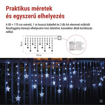 LED karácsonyi függöny – csillagok, 170x85 cm, 3x AA elem, IP44, hideg fehér, időzítő