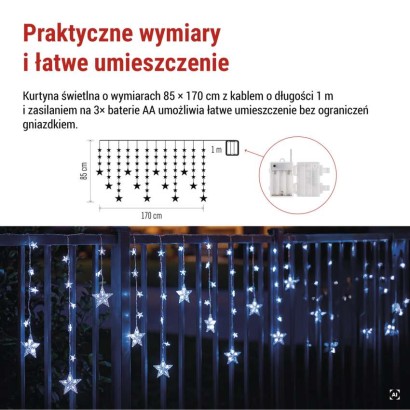 Świąteczna girlanda LED – gwiazdki, 170 x 85 cm, 3 baterie AA, IP44. zimna biała, timer