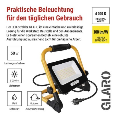 LED-Scheinwerfer GLARO 50 W, gelb-schwarz, IP65, 5000 lm, neutralweiß