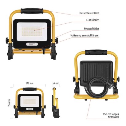 LED-Scheinwerfer GLARO 50 W, gelb-schwarz, IP65, 5000 lm, neutralweiß