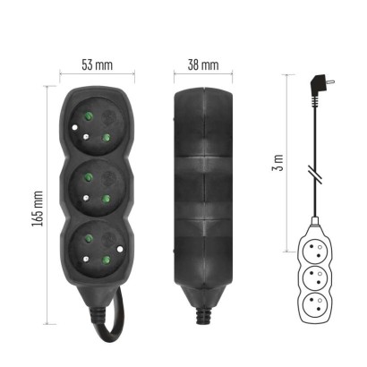 Predlžovací kábel 3 m / 3 zásuvky / čierny / PVC / 1 mm2